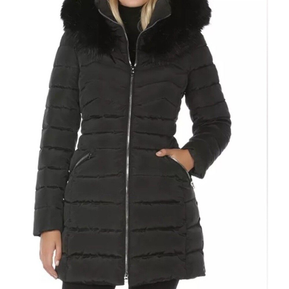Laundry by Shelli Segal Long Down Jacket Faux Fur Hood Trim Black Outdoors-M